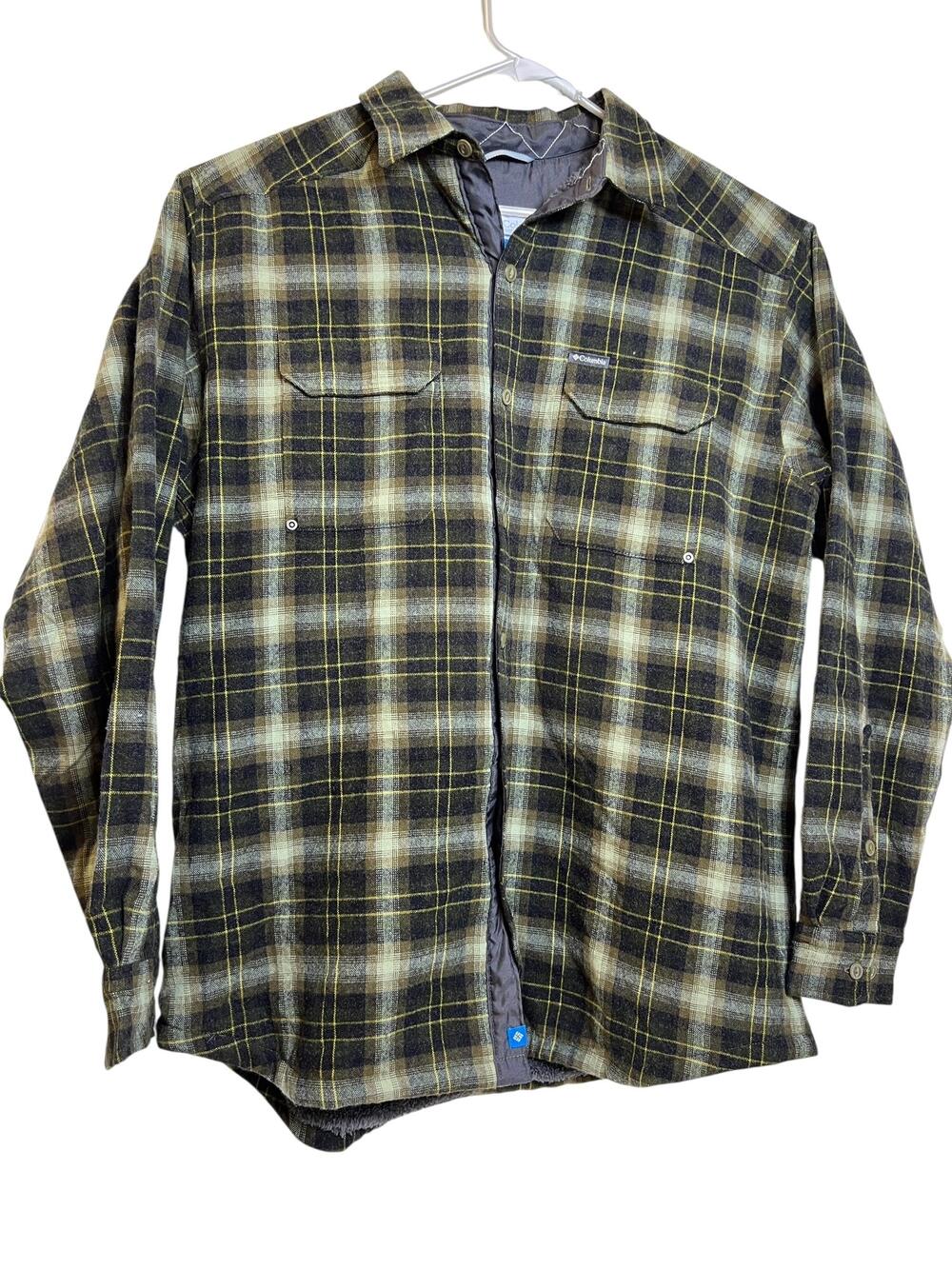 Columbia Shirt Jacket Mens XL Gray Yellow Plaid Sherpa Lined Flannel Outdoors
